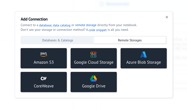 Add a storage connection through the UI